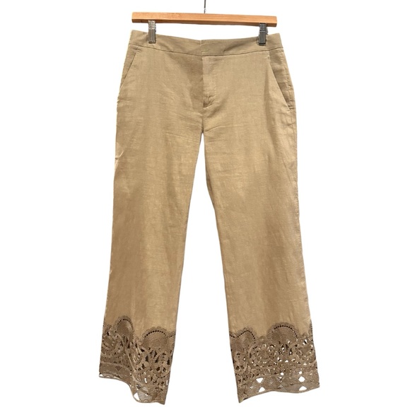 Kobi Halperin Oriana Linen Blend Tan Cropped Ankle Pants Lace Trim Hem Women’s 4 - Picture 3 of 7
